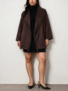 Truni Plus-Size Women's Dark Brown Wool Coat, An Elegant Autumn Commuter Style Pear Body,Triangle Body - Brown - View 6