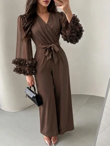Modelyn Autumn/Winter Elegant Fashion V-Neck Cross Ruffle Long Sleeve Jumpsuit With Bow Waist Belt And Draped Wide Leg Pants For Women - Coffee Brown - View 8