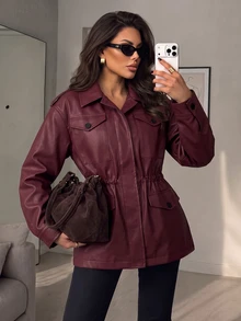 Struktiv Women's Autumn/Winter Fashion Casual Loose Pocket Design Cinched Waist Long Sleeve Leather Premium Feel Suitable For Daily Commute Shopping Date Street Style Regular Jacket - Burgundy - View 1