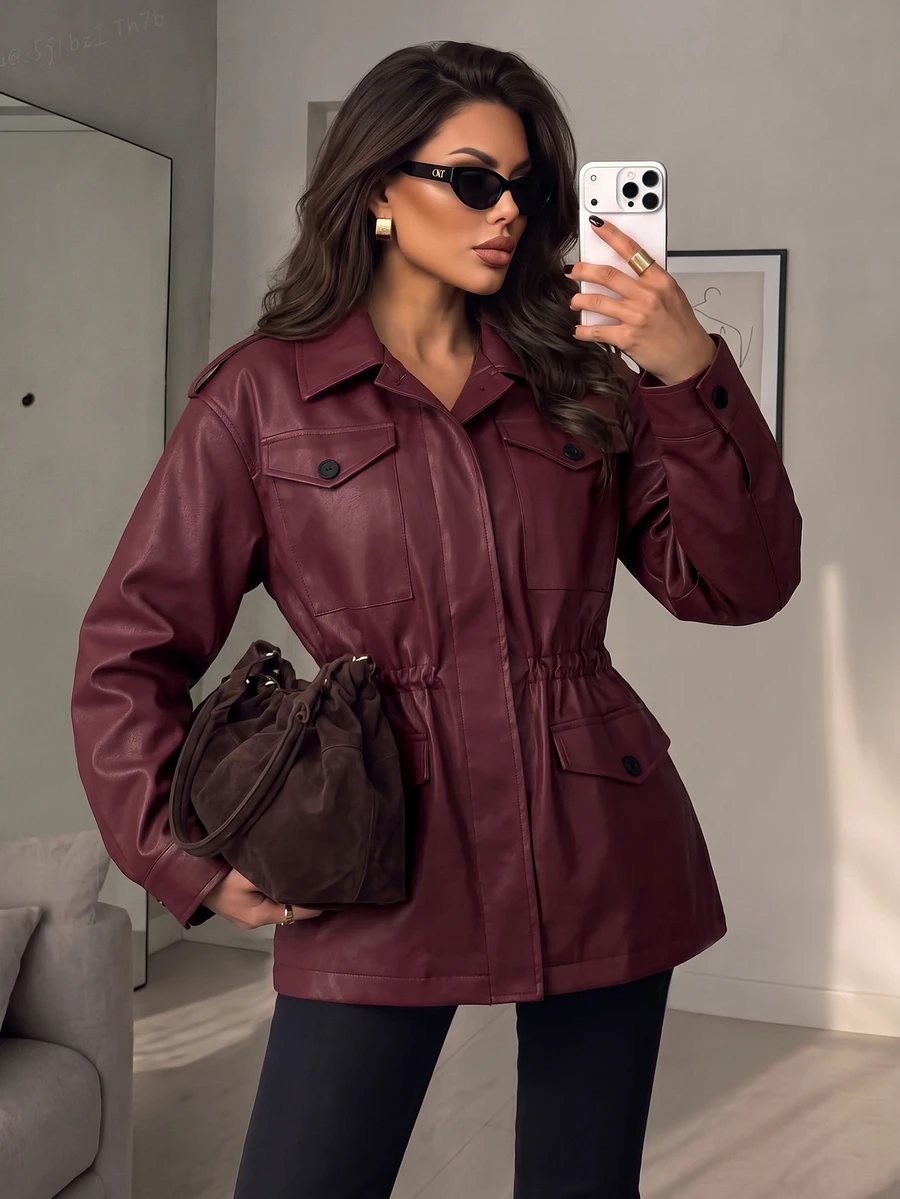 Struktiv Women's Autumn/Winter Fashion Casual Loose Pocket Design Cinched Waist Long Sleeve Leather Premium Feel Suitable For Daily Commute Shopping Date Street Style Regular Jacket - Burgundy - View 1