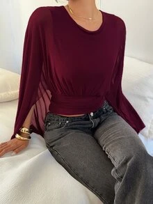 Siren Gaze 酒紅色垂墜上衣，秋季優雅夜出襯衫，配網紗蝙蝠袖與抓皺腰部細節，時尚披肩領休閒上衣，適合日常穿搭 - 酒紅色 - 查看 6