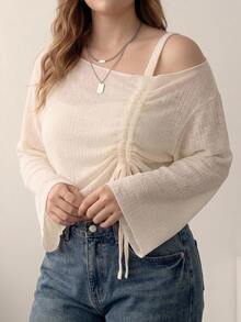 Dazy Plus Women's Asymmetrical Shoulder Long Sleeve Drawstring Hollow Out Cover-Up And Solid Color Camisole 2pcs Set - Apricot - View 4