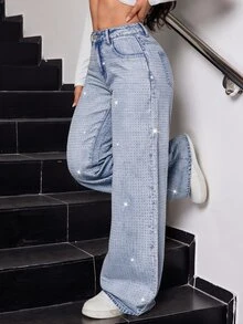 SHEIN Tall 女款休閒水鑽設計口袋直筒牛仔褲 - 淺色水洗藍 - 查看 2