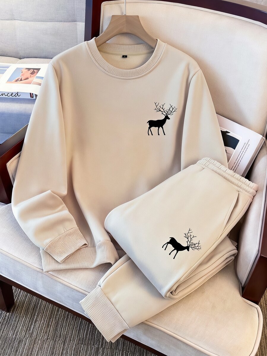 StoneGrade Minimalist Deer Silhouette Fashion Casual Print Men's Standard Size Khaki Crew Neck Sweatshirt Set - Khaki - View 1