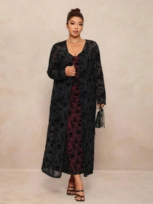 Elaquor Plus Size Women's Printed Waist-Cinching Cami Dress And Long Sleeve Cover-Up 2 Pieces Set Fall - Multicolor - View 4