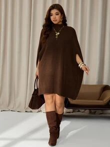 Auralis Plus Size Sweater Dresses/Brown Plus-Size Knee-Length Knit Dress – Loose Cape-Style, High-Stretch, Stand Collar – Suitable For Parties & Dates - Brown - View 7