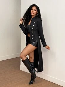 BamGleam Women's Vintage Military Stand Collar Double-Breasted Metal Button Waist-Nipped Black Peplum Long Coat - Black - View 4