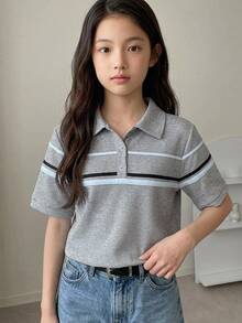 DAZY Basic Collared Striped Colorblock Short Sleeve T-Shirt For Girls (Large) - Grey - View 4