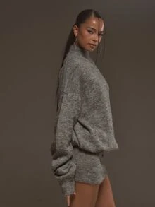 MUSERA Grey Knit High Neck Baggy Mini Dress Fall Autumn Winter Cool Style Outfits - Light Grey - View 3