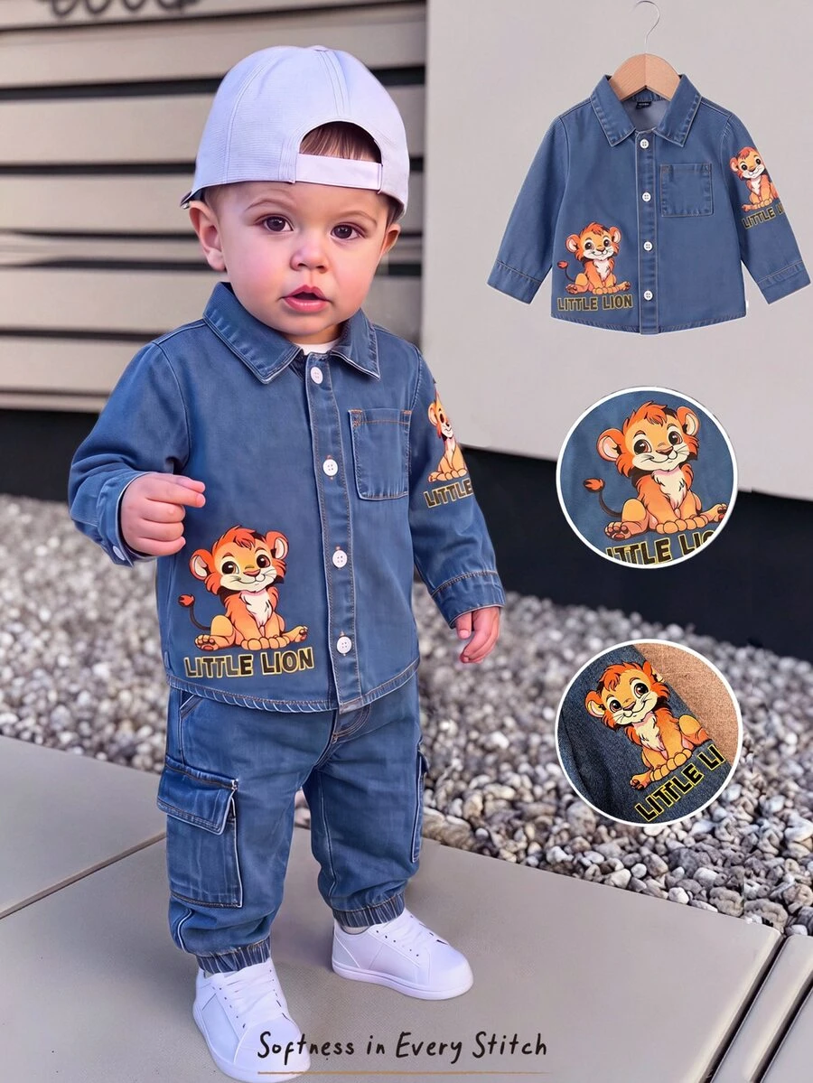 Cozy Pixies Baby Boys Denim Kids Cartoon Lion Pattern Blue Wide Cardigan Jacket Printed Denim Coat - Blue - View 1