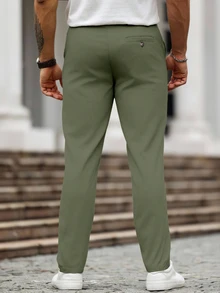 Manfinity Homme 男士純色口袋休閒直筒長褲，秋季 - 軍綠色 - 查看 2