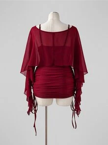 Sunspun Plus Size Spring/Summer Sheer Top & Fitted Drawstring Camisole Dress 2 Pieces Set Fall - Burgundy - View 2