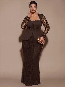 SHEIN BAE CURVE فستان حفلة كاجوال للنساء بمقاسات كبيرة مع تطريز دانتيل - بني - مشاهدة 5