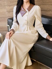 DAZY Women's Mid-Length Dress With PU Patchwork, Long Sleeves And Waist-Flattering Design - Beige - View 1