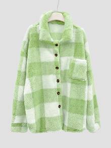 INAWLY Chaqueta de manga larga con botones delanteros y bolsillos con estampado de cuadros, talla grande, ropa de otoño/invierno para mujeres - Verde - Ver 3