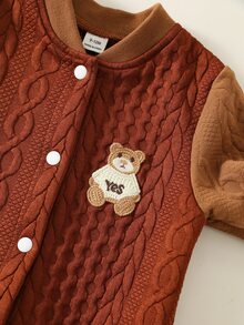 SHEIN 男女通用新生兒嬰兒/幼兒秋冬保暖內裡加厚拼色拼接時尚可愛連身衣，棒球套裝運動服，嬰兒冬季連身衣運動服 - 咖啡棕 - 查看 4