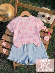 SHEIN Playful Pals 女童T恤，適合春夏秋冬四季穿著，舒適時尚街頭風，適合4-7歲女孩，蝴蝶結豹紋可愛日系風，日常舒適百搭，旅行、上學、聖誕節上衣 - 白色 - 查看 2