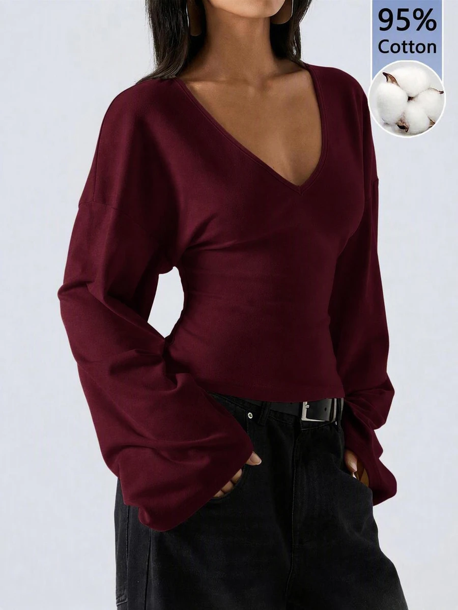 LYSMO 95% Cotton Bell Sleeve Women's Top, Burgundy Solid Color, Suitable For Spring And Autumn - Burgundy - View 1