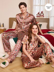 CoupledUp طقم بيجامة للبنات بتصميم رجل الزنجبيل ، حرير صناعي بنقشة كاروهات، أكمام قصيرة وبنطال طويل - متعدد الألوان - مشاهدة 3