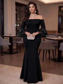 Auveirra فستان نسائي مقاس كبير أنيق بتصميم دانتيل مرقع وأكمام مكشوفة وذيل حورية البحر للحفلات - الأسود - مشاهدة 1