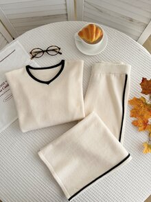 Girls' Autumn/Winter Fashion Heart Pattern Jacquard Knit Sweater Long Sleeve Top & Long Pants Set - Beige - View 6