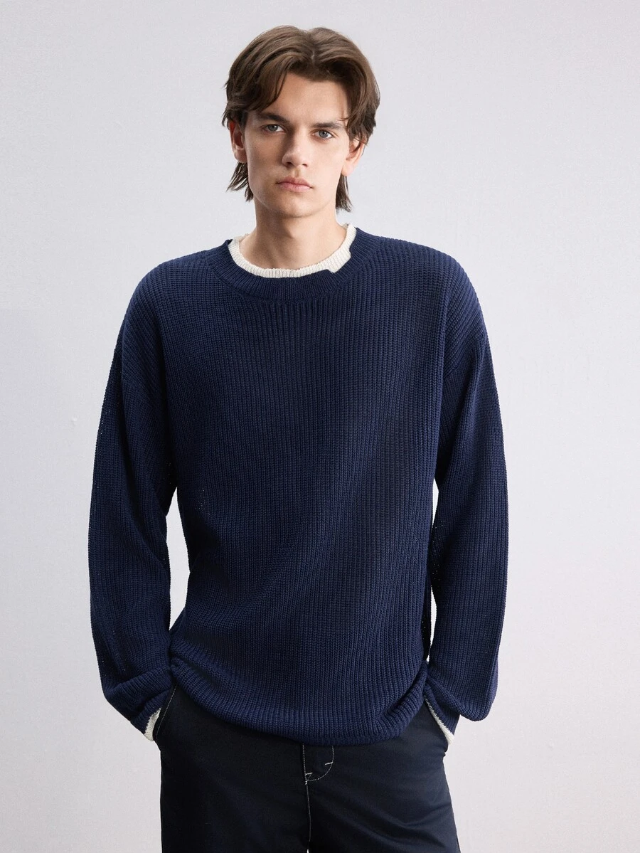 RONVEXI Men's Autumn/Winter Crew Neck Long Sleeve Casual Versatile Sweater - Blue - View 1