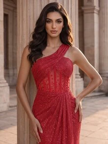 Coutiva Women's Mesh Beaded Embroidered Front Panel Boned Long Formal Evening Gown (Heavy Workmanship) - Burgundy - View 2