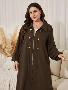 Lacomfia Plus Size Minimalist Zipper & Button Long Sleeve Jacket And Loose Pants 2 Pieces Set - Brown - View 5