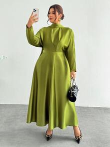 Firerie Plus Size Minimalist Satin Long Sleeve Fashion Dress - Olive Green - View 8