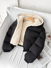 SHEIN 青少年女孩冬季新款黑色保暖內裡連帽短版羽絨外套 - 黑色 - 查看 6