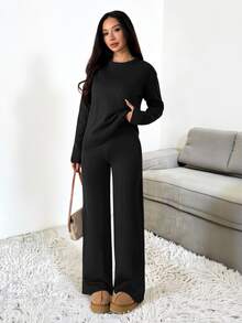 SHEIN PETITE 女款純色圓領長袖毛衣與長褲休閒正裝套裝，秋冬款 - 黑色 - 查看 8