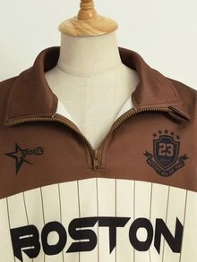 SHEIN 青少年女孩長袖抓絨秋季服飾拼色條紋字母印花運動衫，秋季假日穿搭毛衣 - 棕色 - 查看 3