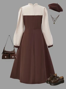 Teen Girls Elegant Woven Long Sleeve Collared Shirt Casual 2 In 1 Patchwork Dress - Brown - View 2