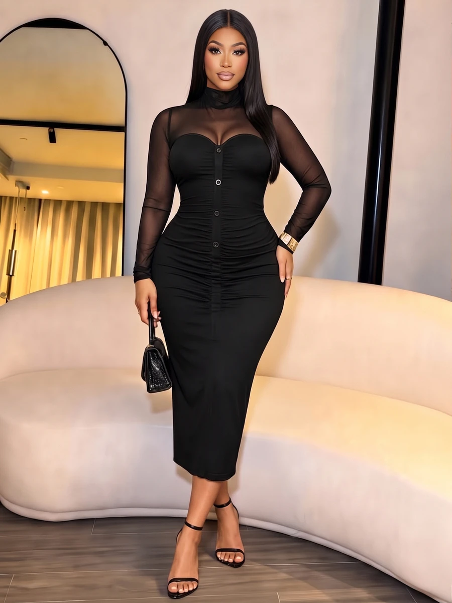 SOLERSUN Plus Size Women's Stand Collar Mesh Long Sleeve Colorblock Fabric Decor Button Bodycon Midi Dress, Casual And Party Fall - Black - View 1