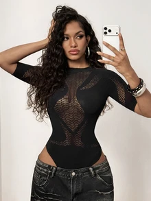 BamGleam Women's Solid Color Round Neck Patchwork Mesh Sexy Short Sleeve Bodysuit - Black - View 4