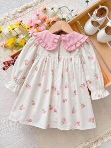 SHEIN LMoss Kids 女嬰女童可愛度假休閒圖案蝴蝶結長袖寬鬆洋裝，秋季花卉洋裝，粉色彼得潘領 - 彩色 - 查看 2