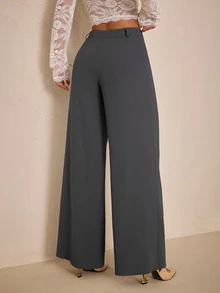 SHEIN PETITE Women's Solid Color Casual Daily Commute Travel Suit Pants - Light Grey - View 2