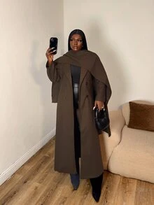 Selianne Autumn/Winter Vintage Mixed Color Oversized Lapel Shawl Collar Overcoat, Commuter Versatile Knee-Length Loose Fit Long Coat - Coffee Brown - View 4