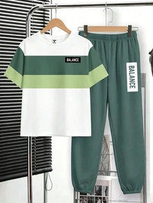 Tween Boy Striped Colorblock Short Sleeve T-Shirt And Letter Print Long Pants Set - Multicolor - View 3