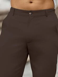 Manfinity Homme 男士純色口袋休閒直筒長褲，秋季 - 巧克力棕 - 查看 7