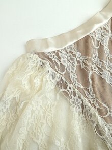 SHEIN Off-White Asymmetrical Shoulder Lace Loose Short Dress - Beige - View 7