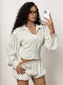 BamGleam Women's Lantern Sleeve Slim Fit Cinched Waist Polka Dot Zipper Jacket - Black and White - View 7