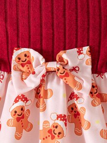 SHEIN Vintaside Kids 1件女嬰甜美紅粉色薑餅人蝴蝶結羅紋長袖泡泡袖圓領休閒冬季公主風舒適A字蓬蓬裙 - 酒紅色 - 查看 10