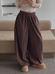 DAZY Solid Color Loose Leg Drawstring Corduroy Thickened Wide Leg Pants Autumn/Winter Women's Long Pants - Coffee Brown - View 8