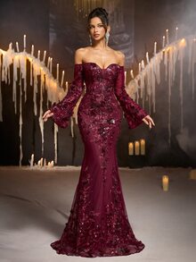 Glamrae Burgundy Cold Shoulder Deep V-Neck Sequin 3D Floral Applique Sheer Mesh Mermaid Long Dress, Long Bell Sleeves Formal Evening Gown, Suitable For Prom, Evening Party, Wedding And Party - Burgundy - View 1