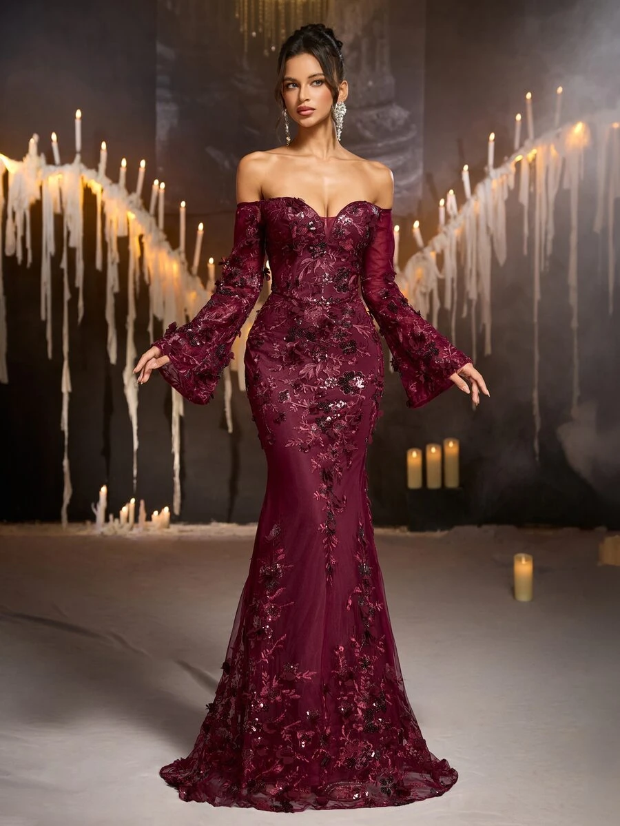 Glamrae Burgundy Cold Shoulder Deep V-Neck Sequin 3D Floral Applique Sheer Mesh Mermaid Long Dress, Long Bell Sleeves Formal Evening Gown, Suitable For Prom, Evening Party, Wedding And Party - Burgundy - View 1
