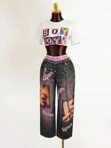 Slaydiva Women's Loose Fashion Denim Jeans With Waist Patchwork Letter & Face Print - Pink - View 4