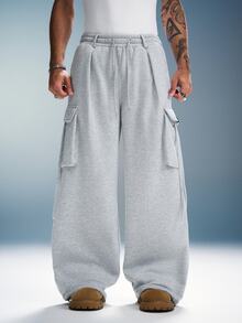 PAVTROS Men's Streetwear Loose Cargo Sweatpants With Pockets - Grey - View 3