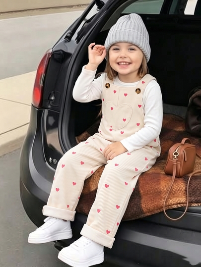 Young Girl Sweet Heart Print Corduroy Overalls Jumpsuit, Cute Wide Leg Bib Pants With Big Pocket Detail