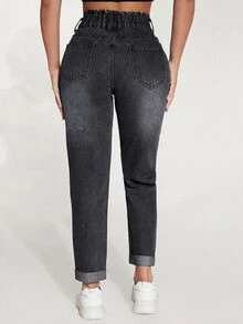 SHEIN PETITE 女款高腰口袋修身休閒百搭牛仔褲 - 黑色 - 查看 2